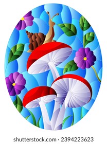 Illustration in stained glass style snail on the mushroom , on the background branches with leaves , grass and sky,oval image