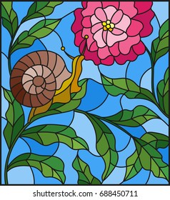 Illustration in stained glass style with a snail and a pink flower against greens 