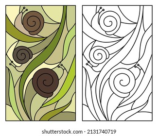 Illustration in the stained glass style with a snails on grass
