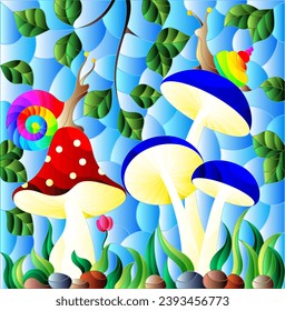 Illustration in stained glass style snails on the mushrooms , on the background branches with leaves , grass and sky