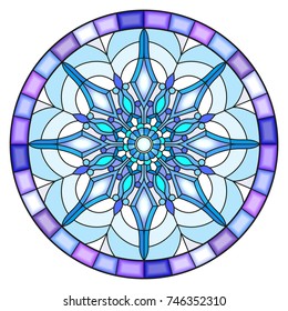 Illustration in stained glass style with snowflake in blue colors in a frame ,round image