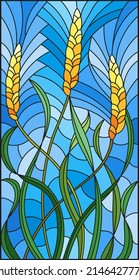 Illustration in stained glass style with spikes of cereal plants on a blue background