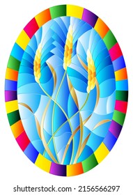 Illustration in stained glass style with spikes of cereal plants on a blue background, oval image in bright frame 