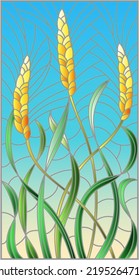 Illustration in stained glass style with spikes of cereal plants on a blue background