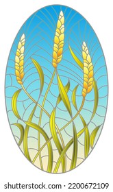 Illustration in stained glass style with spikes of cereal plants on a blue background, oval image