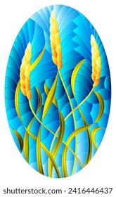 Illustration in stained glass style with spikes of cereal plants on a blue background, oval image