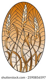 Illustration in stained glass style with spikes of cereal plants on a sky background, oval image, tone brown