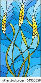 Illustration in stained glass style with spikes of cereal plants on a blue background