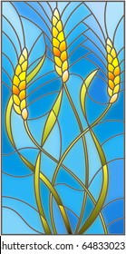 Illustration in stained glass style with spikes of cereal plants on a blue background