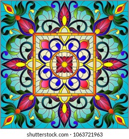 Illustration in stained glass style, square mirror image with floral ornaments and swirls