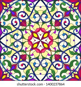 Illustration in stained glass style, square mirror image with floral ornaments and swirls,red and purple patterns on yellow background