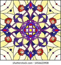 Illustration in stained glass style, square mirror image with floral ornaments and swirls,red and purple patterns on yellow background