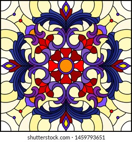 Illustration in stained glass style, square mirror image with floral ornaments and swirls,red and purple patterns on yellow background