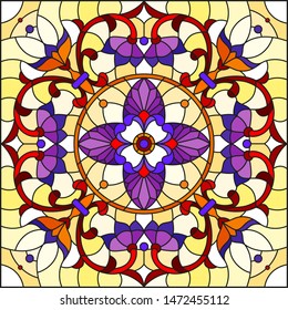 Illustration in stained glass style, square mirror image with floral ornaments and swirls, red and purple patterns on yellow background