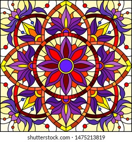 Illustration in stained glass style, square mirror image with floral ornaments and swirls,red and purple patterns on yellow background