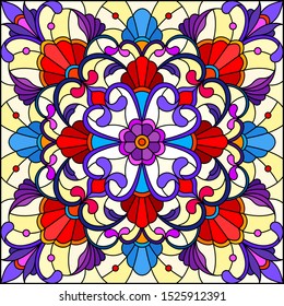 Illustration in stained glass style, square mirror image with floral ornaments and swirls,red and purple patterns on yellow background