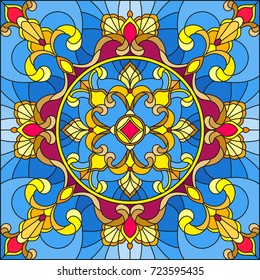 Illustration in stained glass style, square mirror image with floral ornaments and swirls