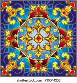 Illustration in stained glass style, square mirror image with floral ornaments and swirls,square image