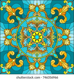 Illustration in stained glass style, square mirror image with floral ornaments and swirls n a turquoise background