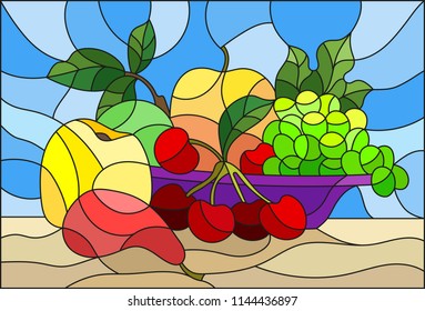 Illustration in stained glass style with still life, fruits and berries in purple bowl on a blue background 