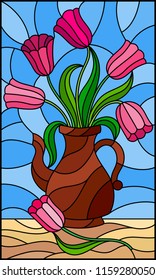 Illustration in stained glass style with still life,  jug with pink  tulips on a blue background