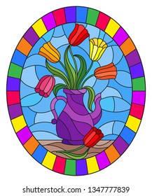 Illustration in stained glass style with still life, purple jug with colorful tulips,oval picture frame in bright