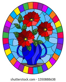 Illustration in stained glass style with still life, bouquet of red  flowers in a blue vase, oval image in bright frame