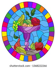 Illustration in stained glass style with still life, fruits and berries in a purple  vase,oval image in bright frame