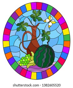 Illustration in stained glass style with still life, fruits, berries and pitcher on blue background,oval image in bright frame