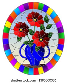 Illustration in stained glass style with still life, bouquet of red  flowers in a blue vase, oval image in bright frame