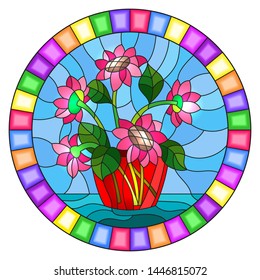 Illustration in stained glass style with still life, bouquet of pink flowers in a glass red  jar on a blue background, oval image in bright frame