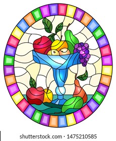 Illustration in stained glass style with still life, fruits and berries in a blue  vase,oval image in bright frame