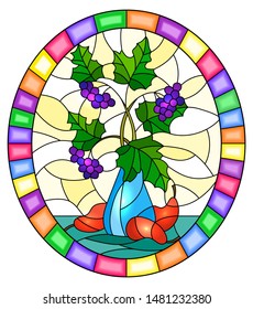 Illustration in stained glass style with still life, Bouquet of branches of black chokeberry in blue ceramic vase and  pears on a yellow background,oval image in bright frame