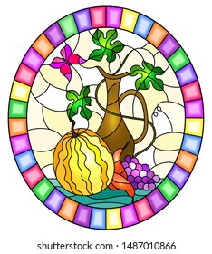 Illustration in stained glass style with still life, fruits, berries and melon  on yellow background,oval image in bright frame
