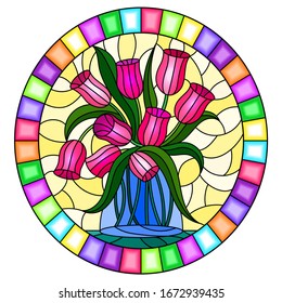 Illustration in stained glass style with still life, bouquet of pink Tulips in a glass jar on a yellow background,oval image in bright frame