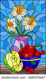 Illustration in stained glass style with still life , a bouquet of daffodils in a vase and fruit in a bowl on a table on a blue background