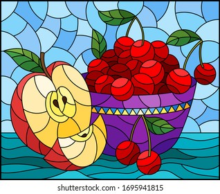 Ilustración en vidrio manchado con vida fija, manzana y tortitas de cereza en un bol sobre una mesa de fondo azul