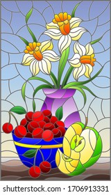 Illustration in stained glass style with still life , a bouquet of daffodils in a vase and fruit in a bowl on a table on a blue background