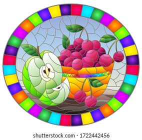 Illustration in stained glass style with still life , apple and a cherry berryes  in a bowl on a table on a blue background , oval image in bright frame