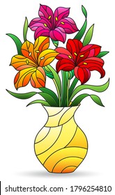 Illustration in stained glass style with still life, jug with flowers and fruit, isolated on a white background