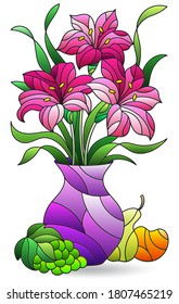 Illustration in stained glass style with still life, jug with flowers and fruit, isolated on a white background