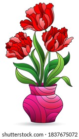 Illustration in stained glass style with still life, a bouquet of tulips in a vase, isolated on a white background