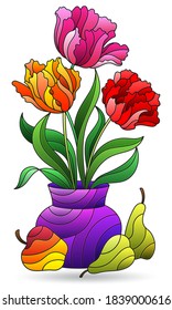 Illustration in stained glass style with still life, a bouquet of tulips and fruit, isolated on a white background
