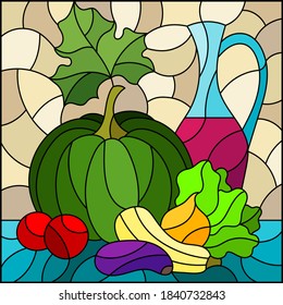 Illustration in stained glass style with still life, ripe vegetables and a bottle of wine, square image