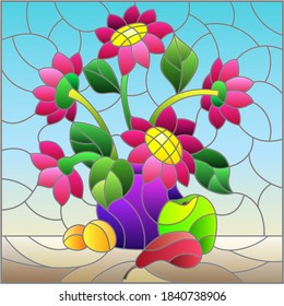 Illustration in stained glass style with still life, a bouquet of pink flowers and fruit on a gray background, square image