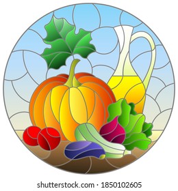 Illustration in stained glass style with still life, ripe vegetables and a bottle of oil, round image