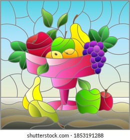 Illustration in stained glass style with still life, ripe fruit and berries in a vase, square image
