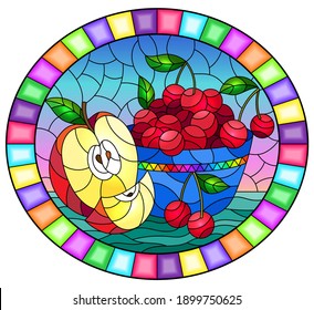 Illustration in stained glass style with still life , apple and a cherry berryes  in a bowl on a table on a sky background , oval image in bright frame