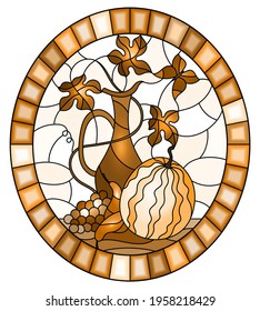 Illustration in stained glass style with still life, fruits, berries and melon on a light background,oval image in  frame, monochrome,tone brown