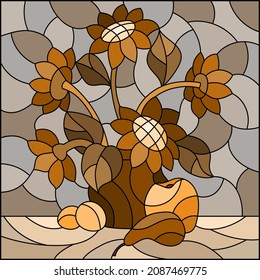 Illustration in stained glass style with still life, a bouquet of flowers and fruit on a ,square image, tone brown